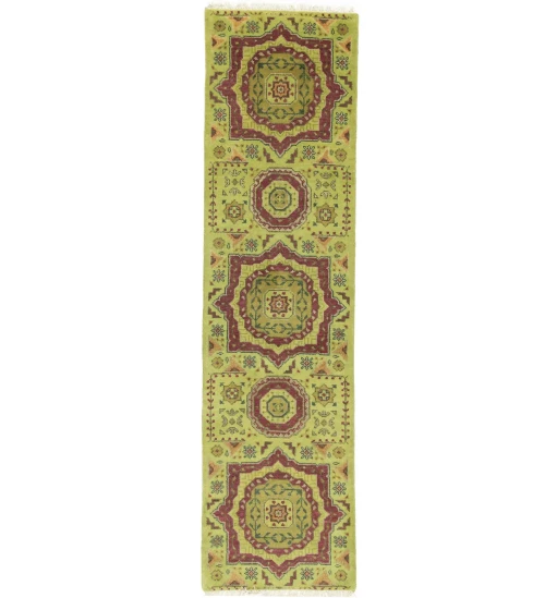 Light Lime Green Floral 2'7X9'8 Heriz Serapi Oriental Runner Rug