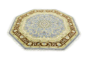 Blue-gray Floral 6X6 Traditional Oushak Oriental Octagon Rug
