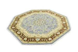 Blue-gray Floral 6X6 Traditional Oushak Oriental Octagon Rug