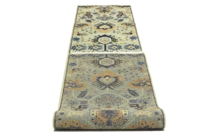 Light Gray Geometric 3X12 Indo-Karajeh Oriental Runner Rug