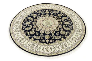 Dark Navy Floral 7X7 Indo-Nain Oriental Round Rug