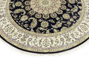 Dark Navy Floral 7X7 Indo-Nain Oriental Round Rug