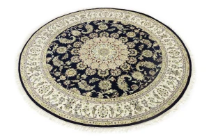 Dark Navy Floral 7X7 Indo-Nain Oriental Round Rug
