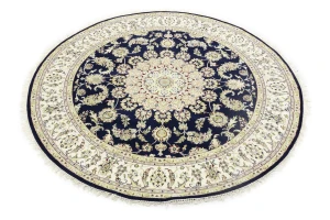 Dark Navy Floral 7X7 Indo-Nain Oriental Round Rug