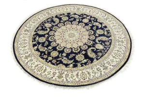 Dark Navy Floral 7X7 Indo-Nain Oriental Round Rug