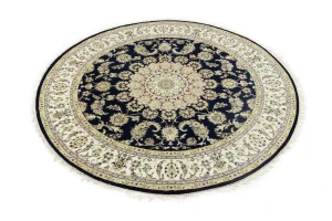 Dark Navy Floral 7X7 Indo-Nain Oriental Round Rug