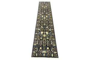 Black Floral 2'6X12'3 Osh Chobi Oriental Runner Rug