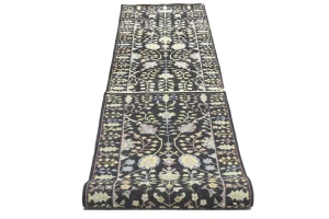 Black Floral 2'6X12'3 Osh Chobi Oriental Runner Rug