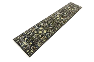 Black Floral 2'6X12'3 Osh Chobi Oriental Runner Rug
