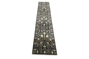 Black Floral 2'6X12'3 Osh Chobi Oriental Runner Rug