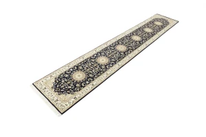 Dark Navy Floral 3X14 Indo-Nain Oriental Runner Rug