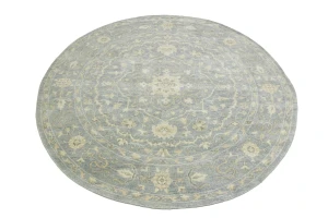 Muted Gray Floral 8X8 Transitional Oriental Round Rug