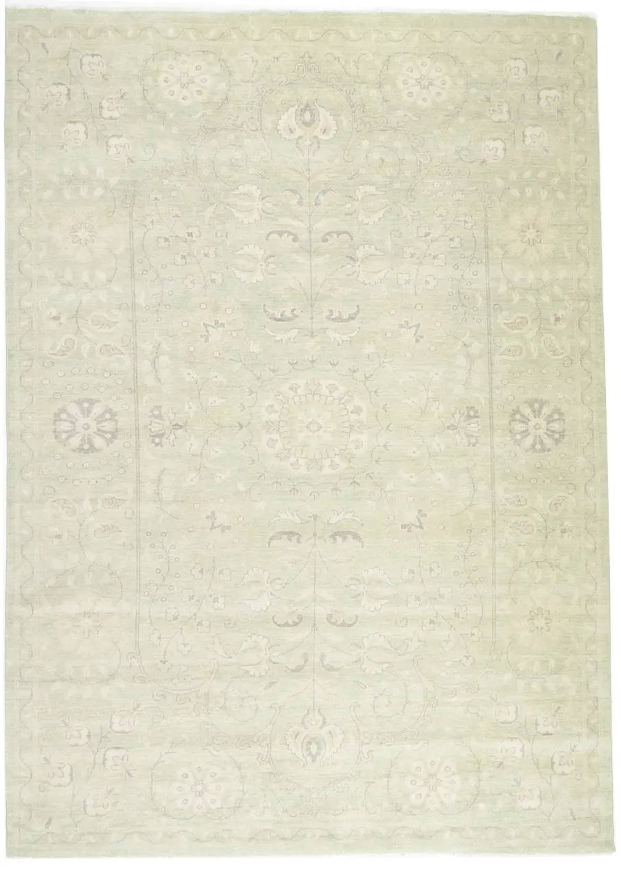 Muted Green Floral 10X14 Transitional Oriental Rug