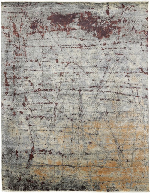 Multicolored Silk Abstract 8X10 Distressed Modern Oxidized Rug