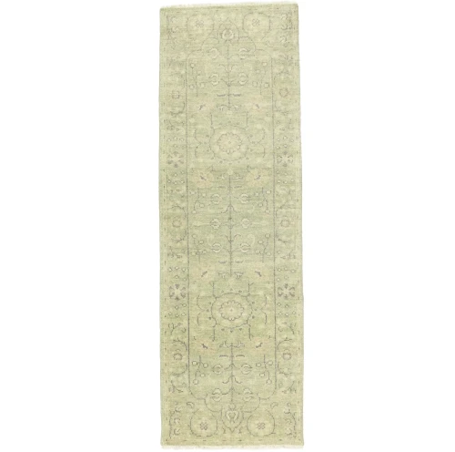 Muted Green Floral 3X8 Transitional Oriental Runner Rug