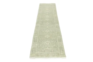 Muted Green Floral 3X10 Transitional Oriental Runner Rug