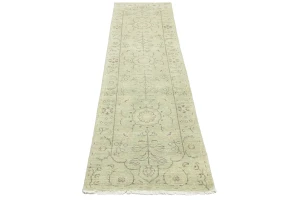 Muted Green Floral 2'5X10 Transitional Oriental Runner Rug