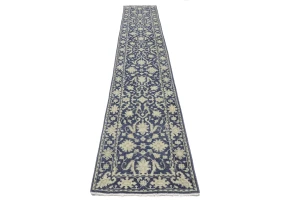 Muted Slate Blue Floral 2'6X13'9 Transitional Oriental Runner Rug