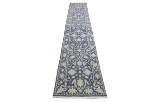 Muted Slate Blue Floral 2'6X13'9 Transitional Oriental Runner Rug