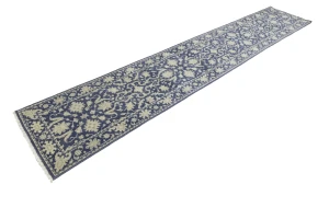Muted Slate Blue Floral 2'6X13'9 Transitional Oriental Runner Rug