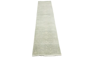 Muted Green Floral 3X12 Transitional Oriental Runner Rug