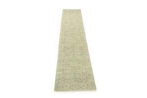 Muted Green Floral 2'7X11'9 Transitional Oriental Runner Rug