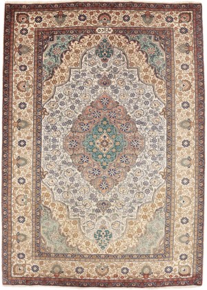 Semi Antique Cream Traditional 4'6X6'4 Tabriz Persian Rug