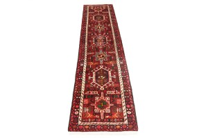 Vintage Scarlet Red Geometric 2X9 Karajeh Persian Runner Rug