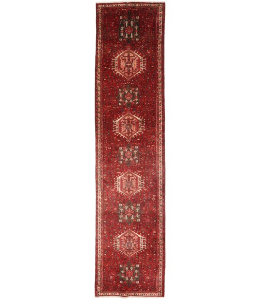 Vintage Red Geometric 3X13 Karajeh Persian Runner Rug