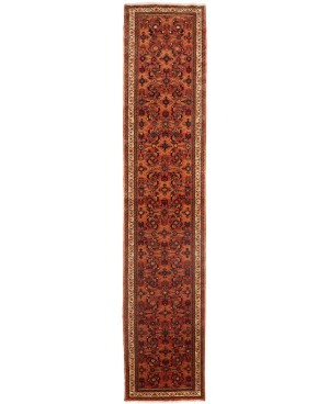Vintage Coral Red Tribal 2'6X12'7 Hossainabad Persian Runner Rug