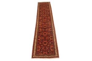 Vintage Coral Red Tribal 2'6X12'7 Hossainabad Persian Runner Rug