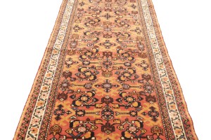 Vintage Coral Red Tribal 2'6X12'7 Hossainabad Persian Runner Rug