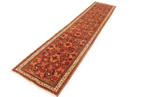 Vintage Coral Red Tribal 2'6X12'7 Hossainabad Persian Runner Rug