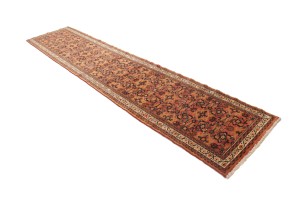 Vintage Coral Red Tribal 2'6X12'7 Hossainabad Persian Runner Rug