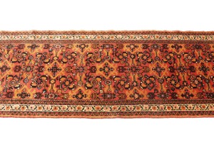 Vintage Coral Red Tribal 2'6X12'7 Hossainabad Persian Runner Rug