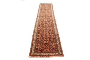 Vintage Coral Red Tribal 2'6X12'7 Hossainabad Persian Runner Rug