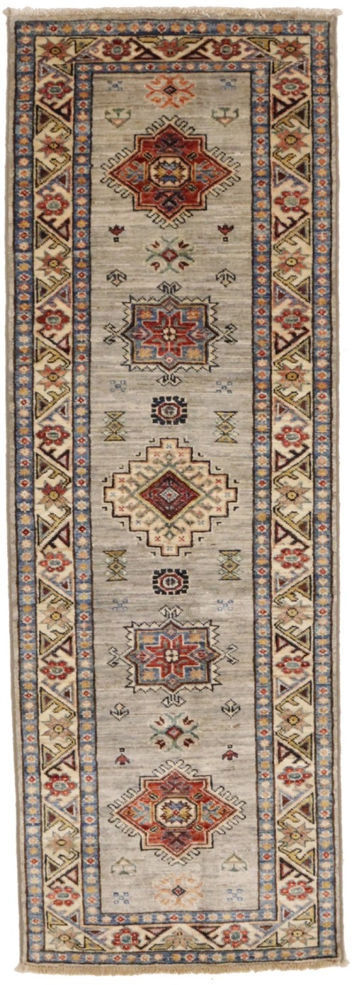 Greige Tribal Geometric 2X6 Kazak Pakistan Rug