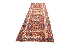 Vintage Geometric Tribal 4X14 Heriz Karajeh Persian Runner Rug