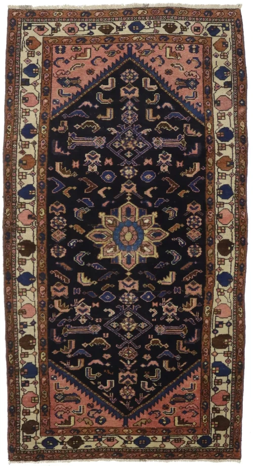 Semi Antique Dark Navy Tribal 3X6 Hamedan Persian Rug