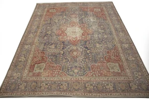 Distressed Purple-navy Antique Floral 9'7X12'6 Tabriz Persian Rug