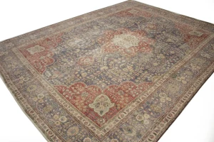 Distressed Purple-navy Antique Floral 9'7X12'6 Tabriz Persian Rug