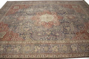 Distressed Purple-navy Antique Floral 9'7X12'6 Tabriz Persian Rug