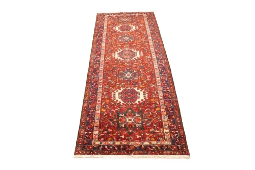 Vintage Red Geometric 4X11 Karajeh Persian Runner Rug