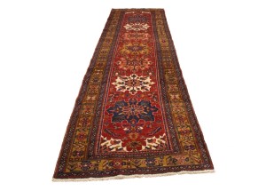 Vintage Red Geometric 4X14 Karajeh Persian Runner Rug