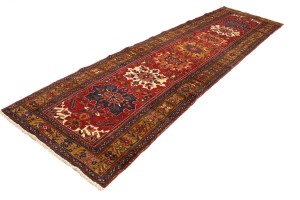 Vintage Red Geometric 4X14 Karajeh Persian Runner Rug
