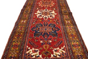 Vintage Red Geometric 4X14 Karajeh Persian Runner Rug