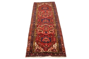 Vintage Red Floral 3'6X10 Heriz Goravan Persian Runner Rug