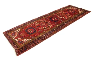 Vintage Red Floral 3'6X10 Heriz Goravan Persian Runner Rug