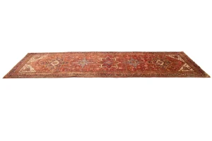 Semi Antique Red Traditional 4'5X12'8 Heriz Persian Runner Rug