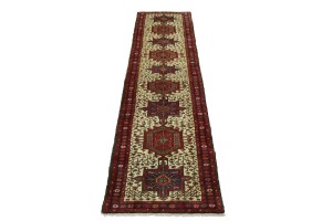 Vintage Ivory Geometric 3X12 Karajeh Persian Runner Rug